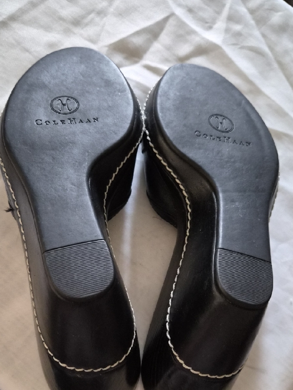 Black Cole Haan Slide Mules with Silver Chain Accent and Heel - Picture 5 of 5